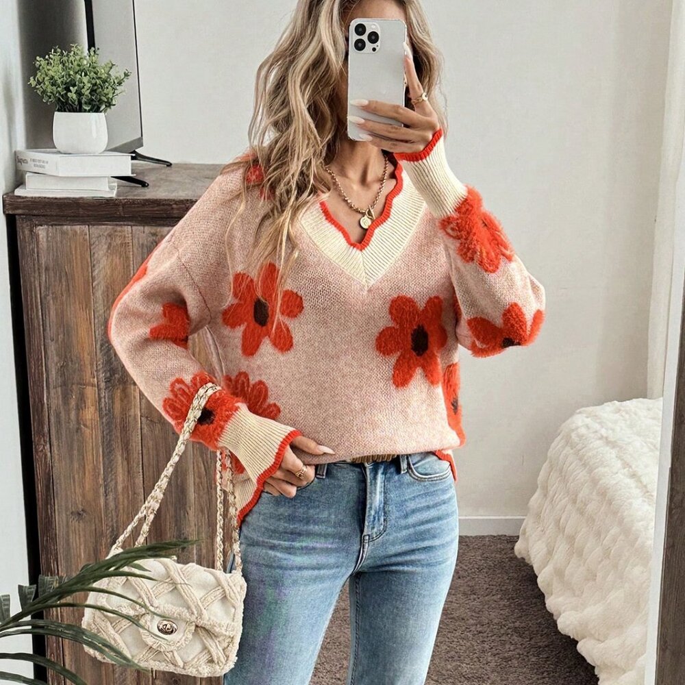 Multicolor Casual Women's 3d Floral & Cute Long Sleeve Warm Sweater